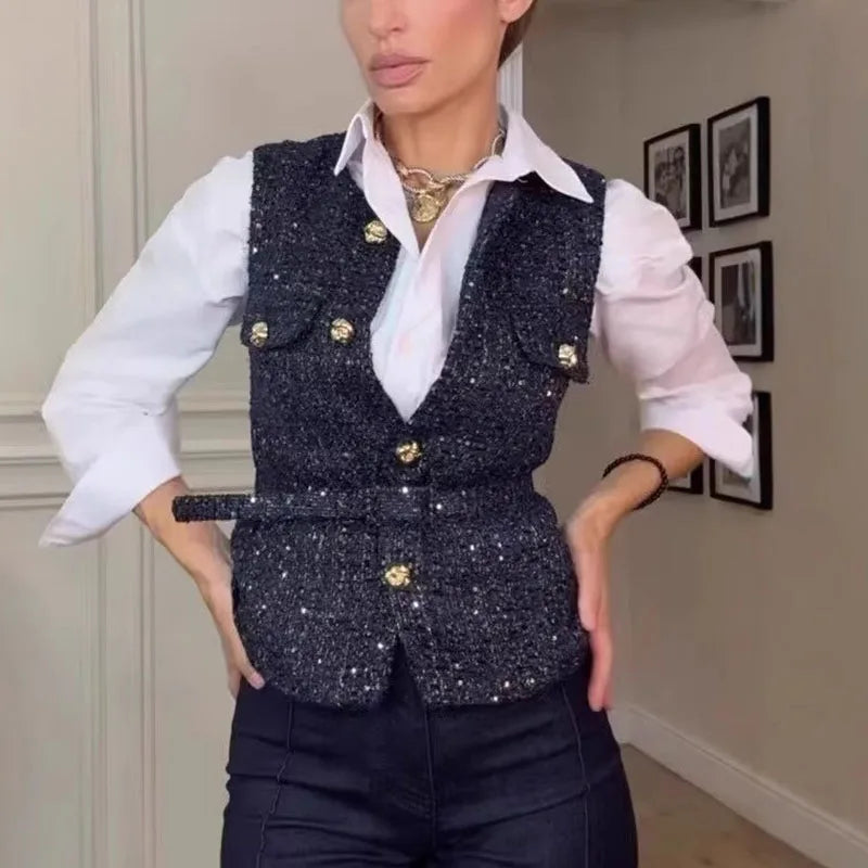 Women Sequin Vests With Belt O-neck Sleeveless Tops Solid Color Chic Coats Summer Female Button Waistcoat Elegant Streetwear