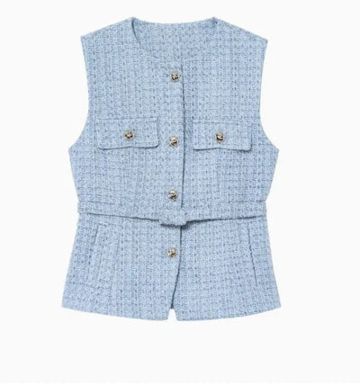 Women Sequin Vests With Belt O-neck Sleeveless Tops Solid Color Chic Coats Summer Female Button Waistcoat Elegant Streetwear