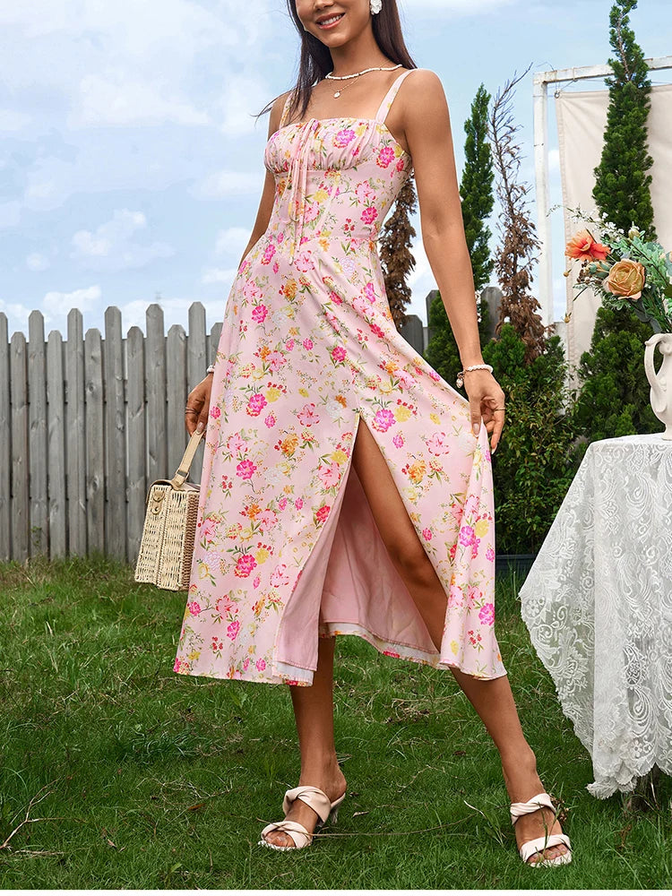 NewAsia Women's Adjustable Straps Cut Out Chiffon Midi Corset Dress Flowy Slit Lace Up Going Out Casual Long Dresses