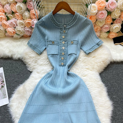 YuooMuoo Women Dress 2025 Spring Summer Denim O-neck Knitted Maxi Dress Elegant Office Lady Sweater Dress Brand Party Vestidos