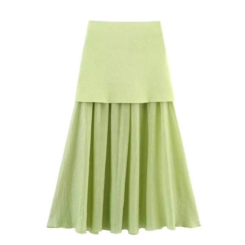 ETJ 2025 spring new TRAF women's elegant fashion same color splicing small pleated hem high waist knit skirt