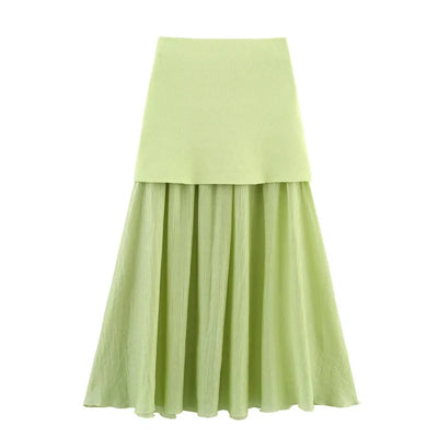 ETJ 2025 spring new TRAF women's elegant fashion same color splicing small pleated hem high waist knit skirt
