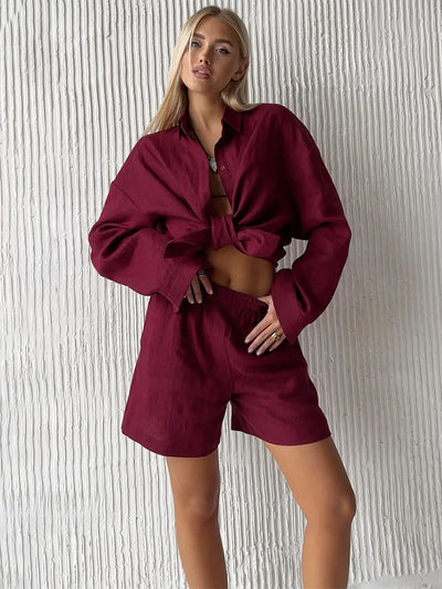 Women Casual Brown Cotton Linen Shirt Pants Suit Fashion Single Breasted Blouses Elastic Waist Pant Set 2025 Spring Loose Outfit