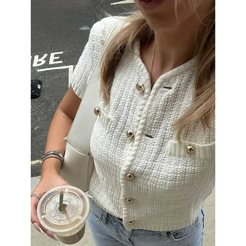 Elegant Gebreid Tweed Vest Vrouwen Solid Single Breasted O-hals Korte Mouw Trui Vest 2024 Herfst Nieuwe Dame All-Match tops