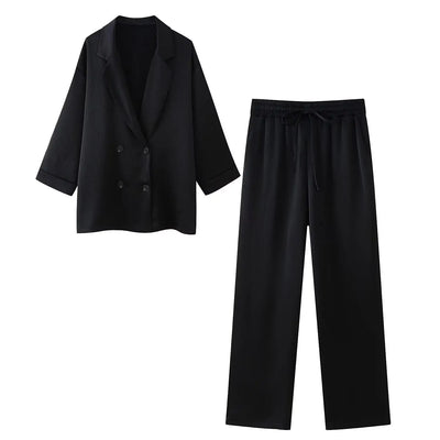 Dames Hoge Taille Broek Set Lente 2-delige Double-Breasted Satijnen Blazers Tweedelige Lace Up Gevouwen Effect Broek Dames Outfit