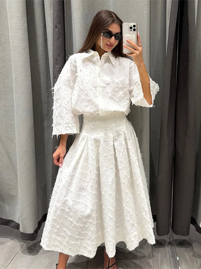 Elegant Shirt Skirt Set Women Lapel Long Sleeve Loose T-shirt High Waist Pleated Long Skirts Suits 2025 Summer Street Lady Sets