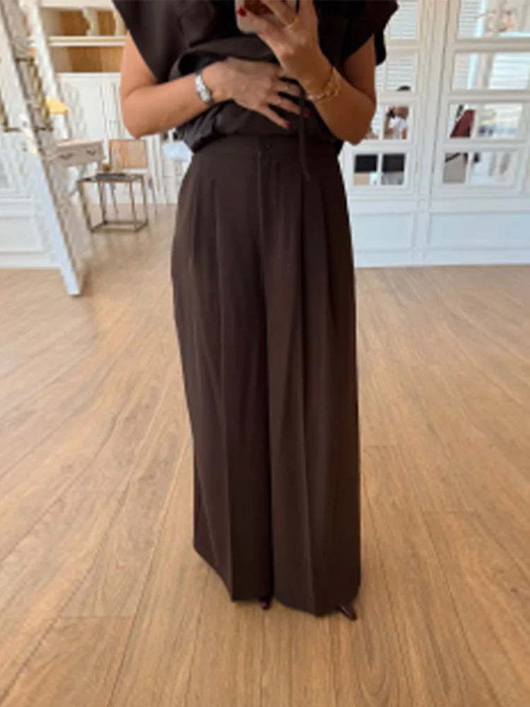 Lace Up Irregular Top Pants Suits Women Elegant V-neck Short Sleeve Belt Slim Tops High Waist Wide Leg Trousers Chic Ladies Sets