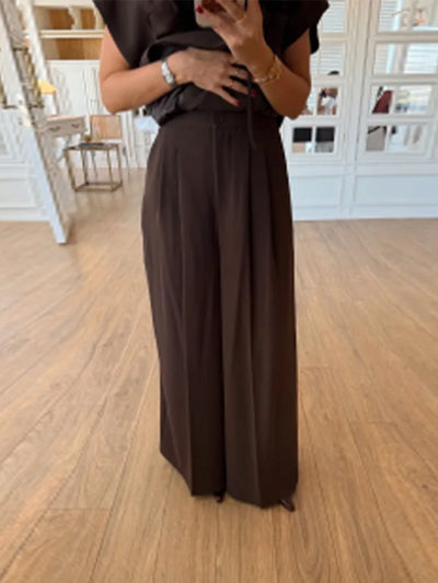 Lace Up Irregular Top Pants Suits Women Elegant V-neck Short Sleeve Belt Slim Tops High Waist Wide Leg Trousers Chic Ladies Sets