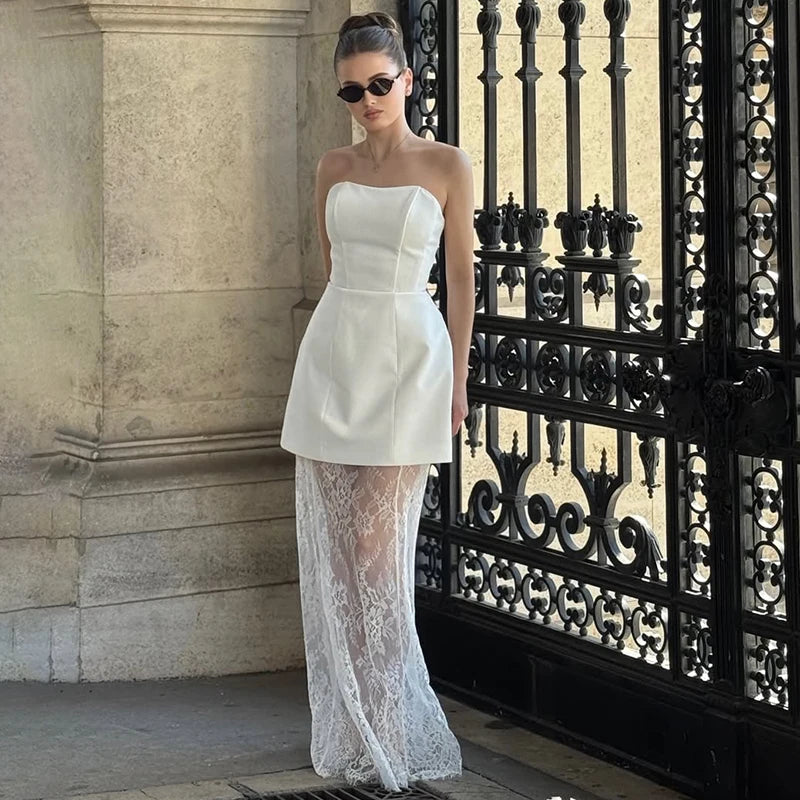 Tornova Strapless Lace Dress Sets Female Elegant Sexy Strap Vest High Waist Splice Long Skirt Ladies Slim Banquet 2 Pieces Set