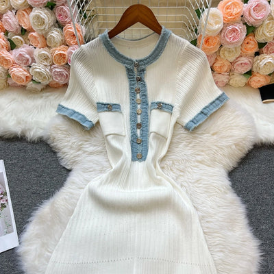 YuooMuoo Women Dress 2025 Spring Summer Denim O-neck Knitted Maxi Dress Elegant Office Lady Sweater Dress Brand Party Vestidos