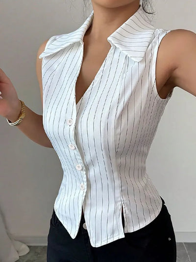 Summer minimalist striped shirt sleeveless slim fit women's thin outer top fashionable shirt