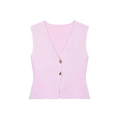 TRAFZA Women 2 Piece Set V-Neck Sleeveless Button Knitted Vest Top+Elegant Splicing High Waist Zipper Long Skirts Holiday Suits