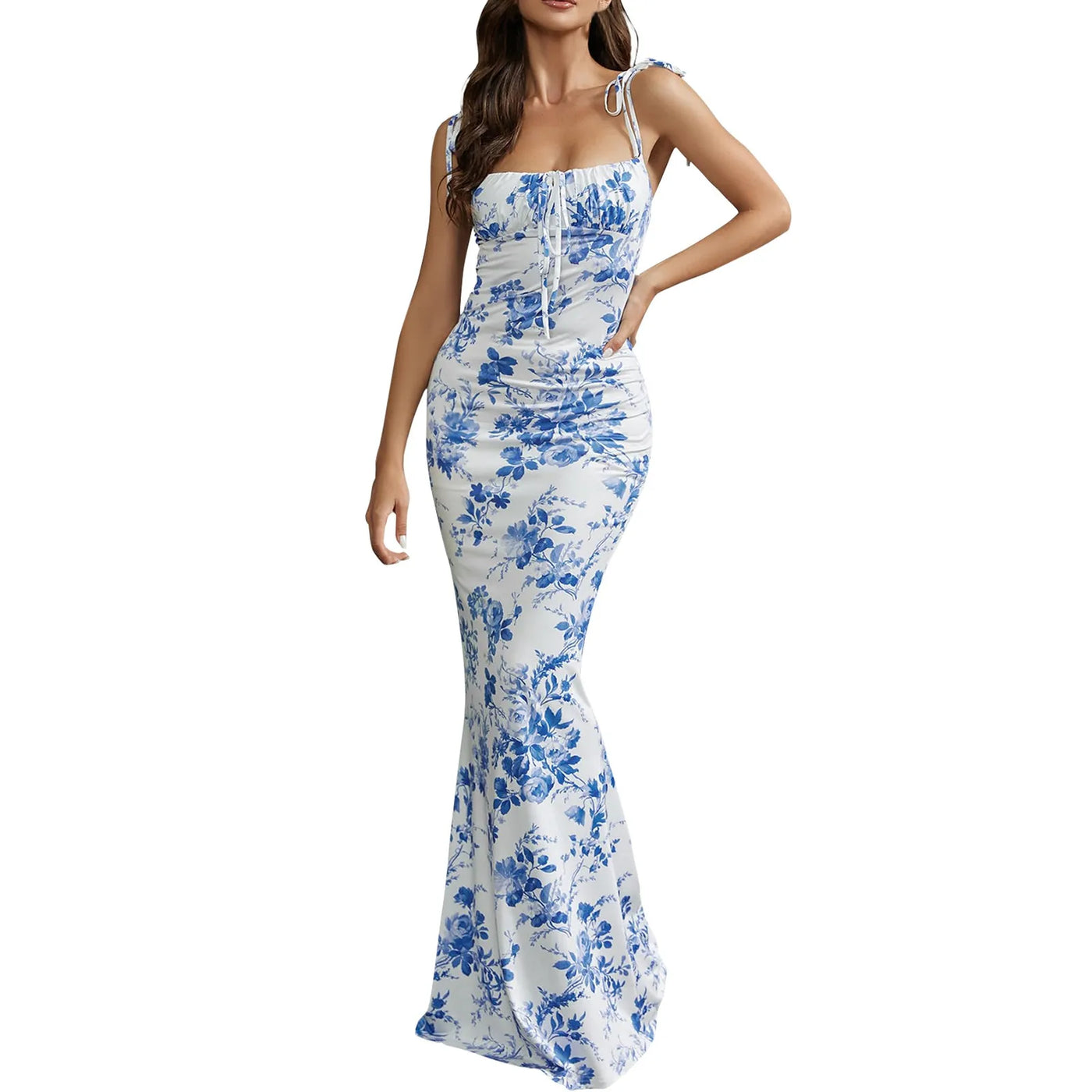 Nieuwe Zomer Vrouw Blauwe Bloemenjurk Sexy Rugloze Mouwloze Bandage Ruches Maxi Jurken Voor Vrouwen Feest Chique Dame Kleding