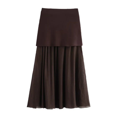 ETJ 2025 spring new TRAF women's elegant fashion same color splicing small pleated hem high waist knit skirt