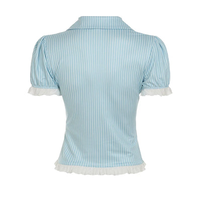 Simple Elegant Chic Striped Slim Women Shirts Summer Sweet Trim V-Neck Design Fashion Trendy Blouses