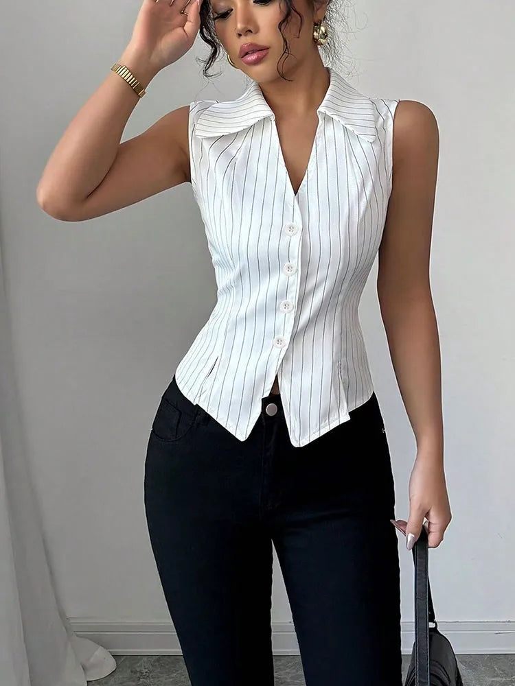 Summer minimalist striped shirt sleeveless slim fit women's thin outer top fashionable shirt