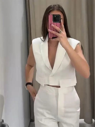 Casual tanktopbroeksets Dames Mouwloos revers Button Up Vest Wijde pijpen Broek Past 2025, Lentevakantie All-match outfits