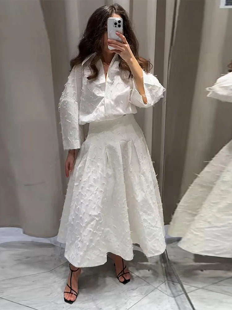 Elegant Shirt Skirt Set Women Lapel Long Sleeve Loose T-shirt High Waist Pleated Long Skirts Suits 2025 Summer Street Lady Sets