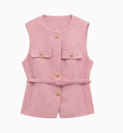 Women Sequin Vests With Belt O-neck Sleeveless Tops Solid Color Chic Coats Summer Female Button Waistcoat Elegant Streetwear
