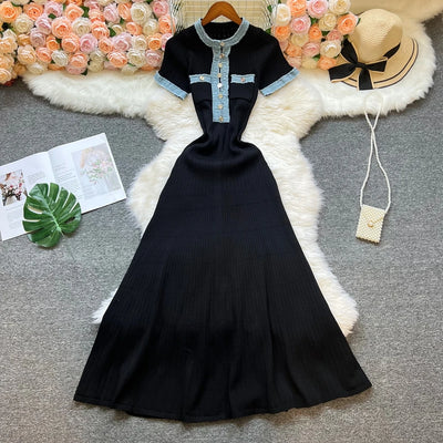 YuooMuoo Women Dress 2025 Spring Summer Denim O-neck Knitted Maxi Dress Elegant Office Lady Sweater Dress Brand Party Vestidos