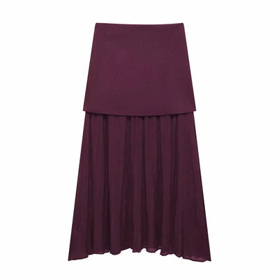 TRAFZA 2025 Women Skirt Set Wine Red Knitted V-Neck Sleeveless Slim Vest +Solid High Waist Zipper Patchwork Long Skirt Street