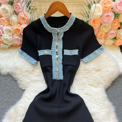 YuooMuoo Women Dress 2025 Spring Summer Denim O-neck Knitted Maxi Dress Elegant Office Lady Sweater Dress Brand Party Vestidos