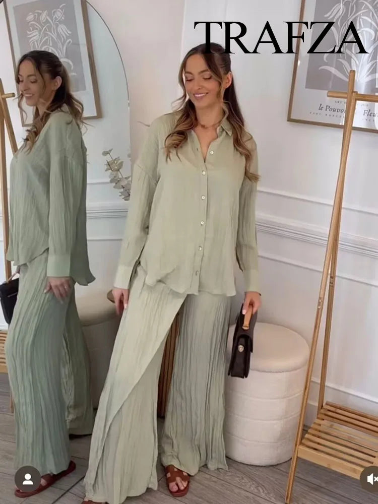 TRAFZA Fashion Wrinkle Effect Women's Casual Shirt 2-piece Set Wrap Style Hidden Button Trousers Women's Street Casual Pants