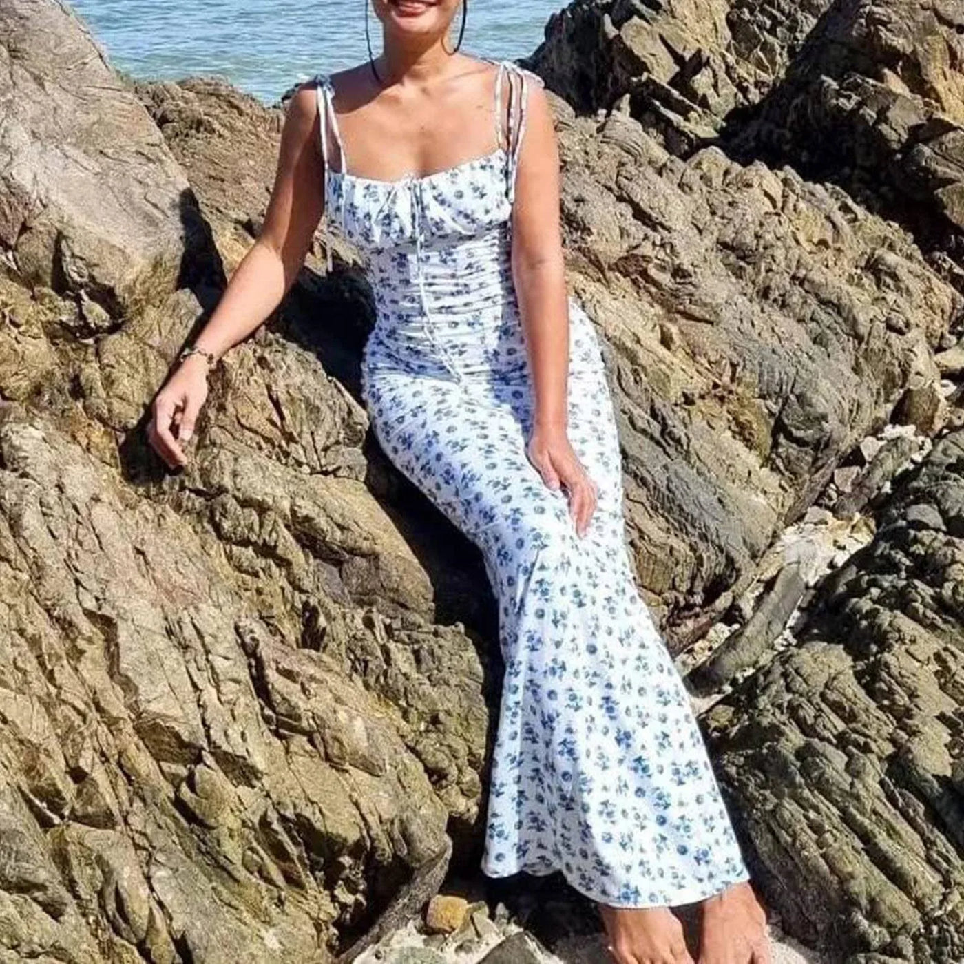 Nieuwe Zomer Vrouw Blauwe Bloemenjurk Sexy Rugloze Mouwloze Bandage Ruches Maxi Jurken Voor Vrouwen Feest Chique Dame Kleding