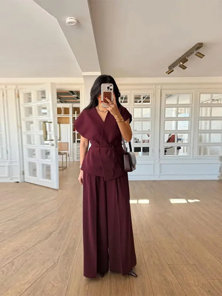 Lace Up Irregular Top Pants Suits Women Elegant V-neck Short Sleeve Belt Slim Tops High Waist Wide Leg Trousers Chic Ladies Sets