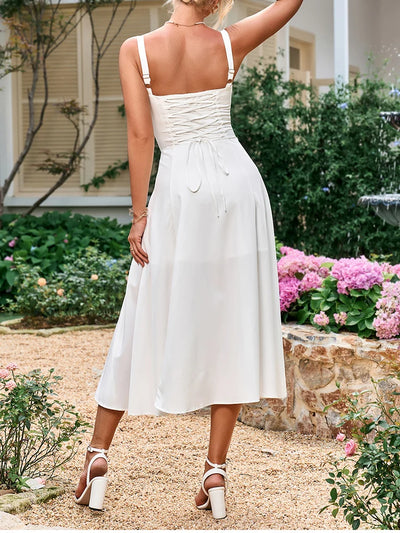 NewAsia Women's Adjustable Straps Cut Out Chiffon Midi Corset Dress Flowy Slit Lace Up Going Out Casual Long Dresses