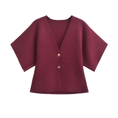 2024 European and American style autumn new women's fashion simple style casual plain needle short sleeve V neck knitted top