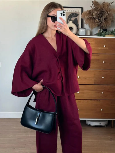 Women Casual Brown Cotton Linen Shirt Pants Suit Fashion Single Breasted Blouses Elastic Waist Pant Set 2025 Spring Loose Outfit