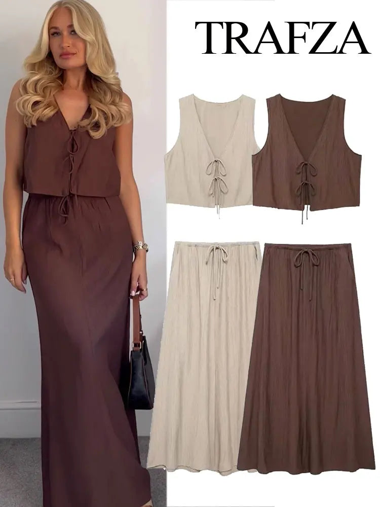 TRAFZA Damesstraatvest 2-delige set Chique V-hals Mouwloos Vetersluiting Getextureerd vest + Casual rokpak met hoge taille en trekkoord